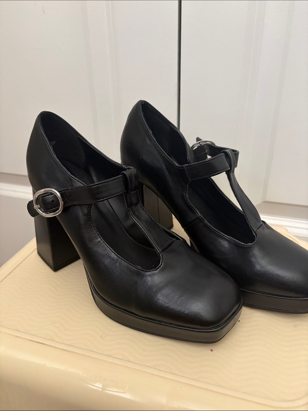 BAMBOO Black T-Strap Block Heel Mary Janes